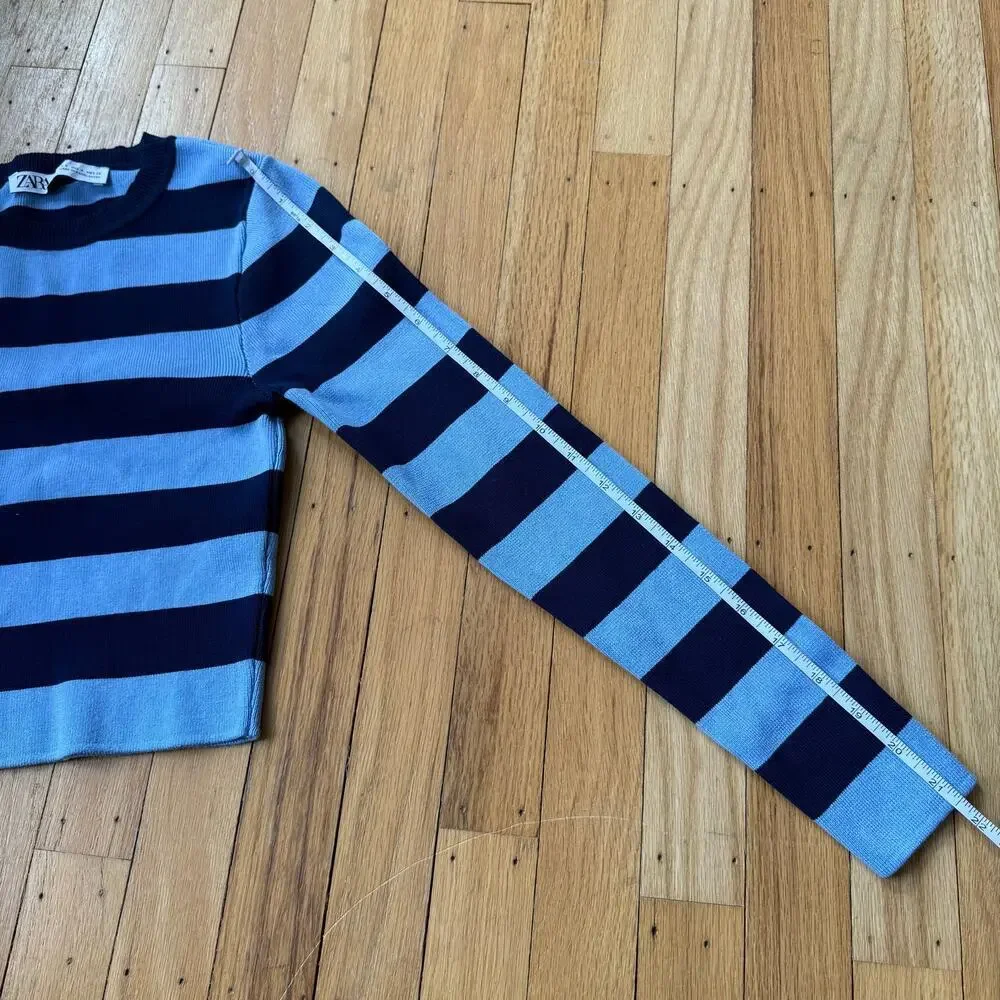 Zara Navy Blue Striped Ribbed Knit Long Sleeve Cropped Top Size S 90's Y2K